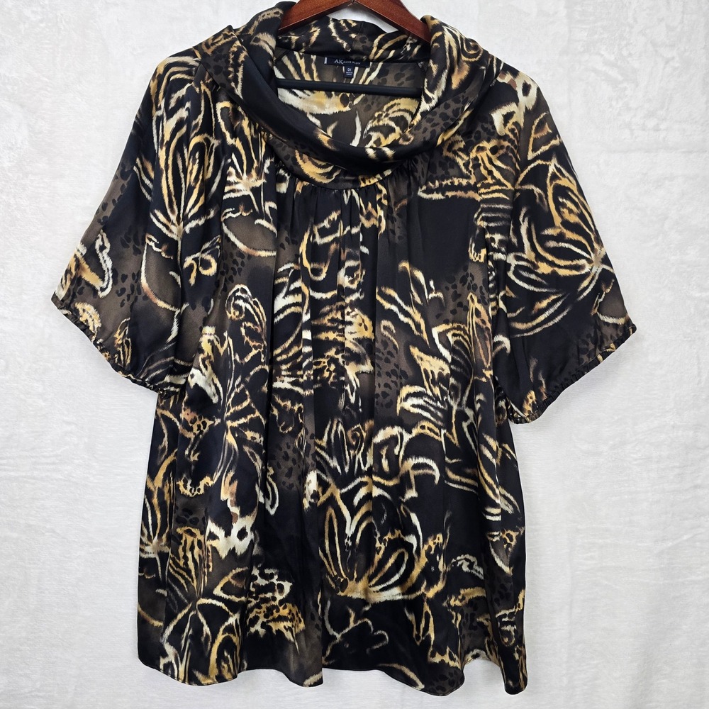 Anne Klein Women Black Gold‎ Silk Animal Print Cowl Neck Blouse Top Plus Size 0X